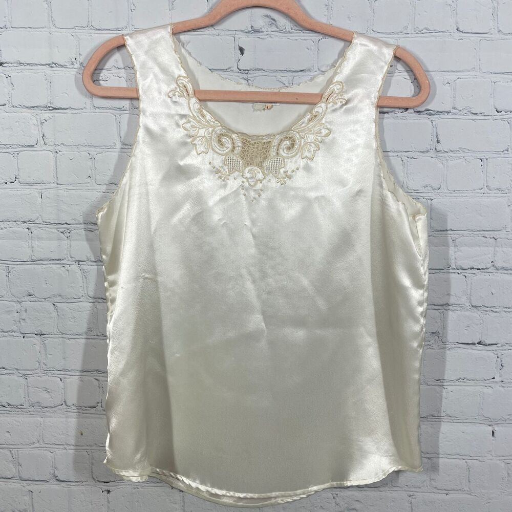 VTG Y2K Diana Camisole Top Women Medium Ivory Embroidered Boho Silky Y2K Top